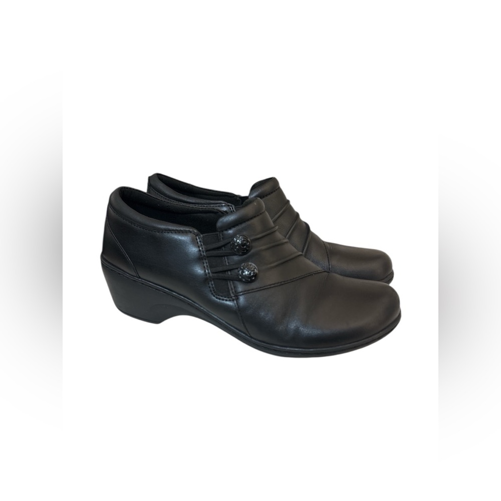 Clarks Black Leather Slip-On Clog Mules